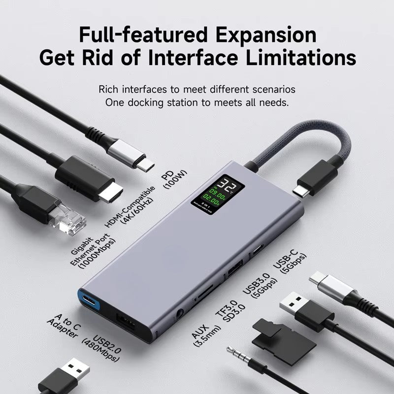 USB C Hub With LCD Display Type C Multiport Adapter /4K HDMI-Compatible 100W PD Gigabit Ethernet For Macbook Pro iPad HP