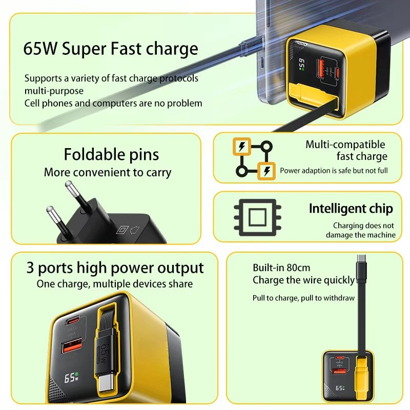 65W GaN Charger Head USB-C Fast Charger With Built-in 80CM TypeC Cable Suitable for iPhone