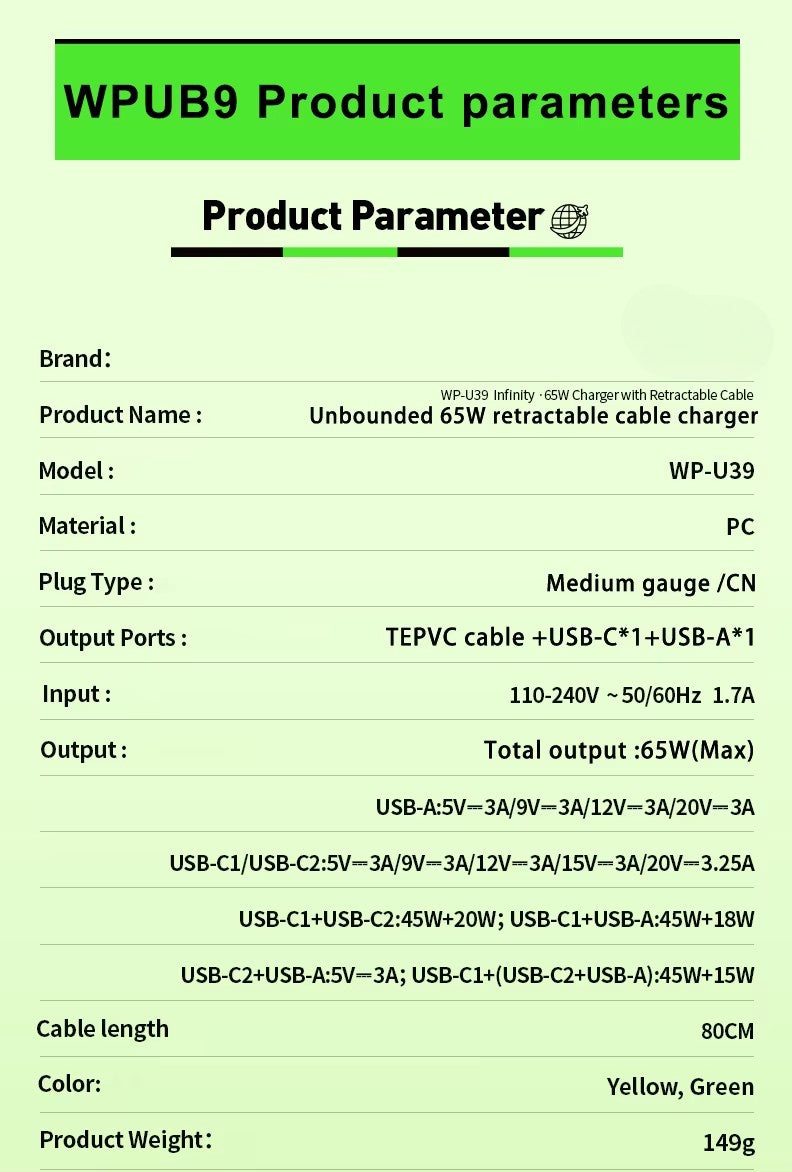 65W GaN Charger Head USB-C Fast Charger With Built-in 80CM TypeC Cable Suitable for iPhone