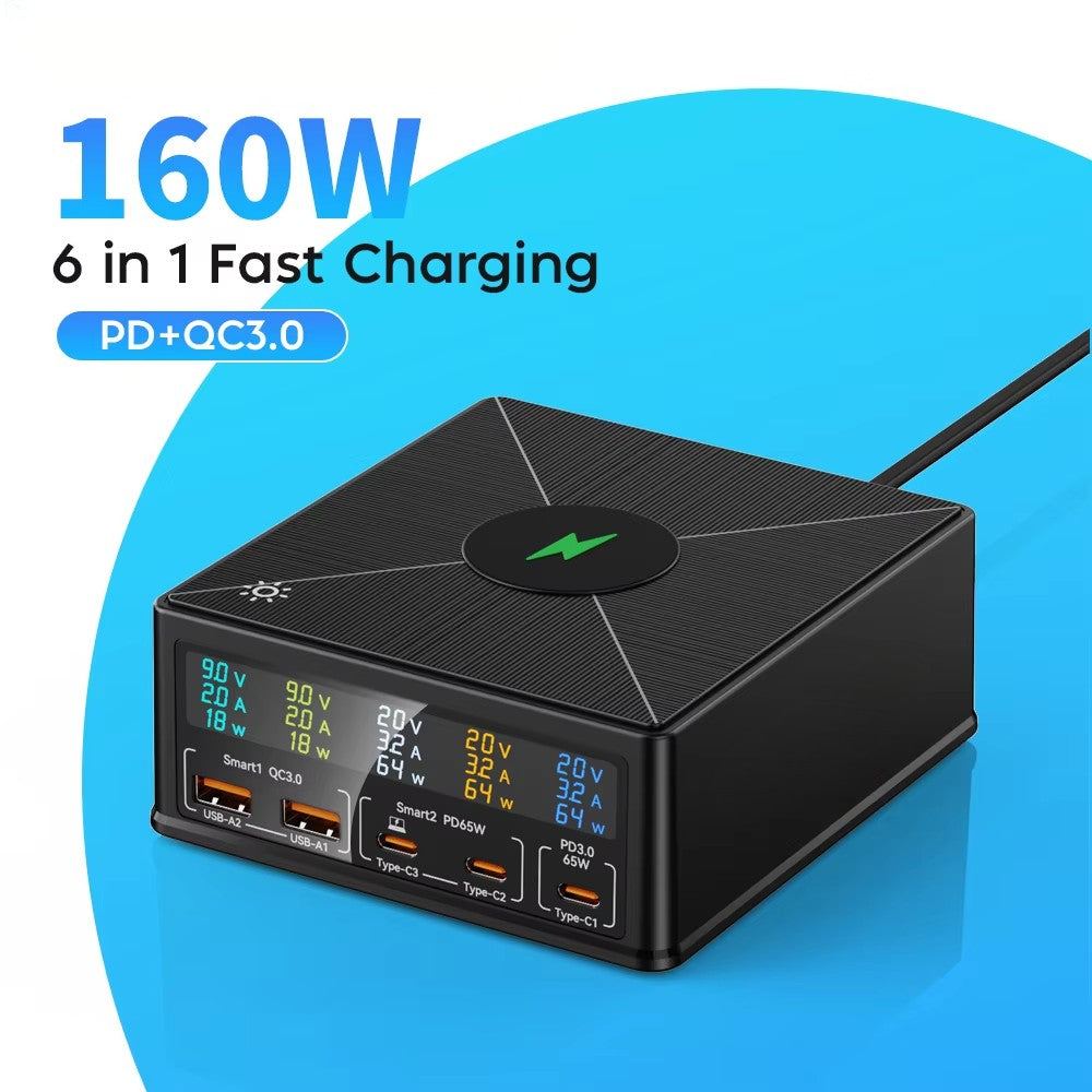 160W 5 Ports USB Charger Staion /15W Wireless Charging /PD 65W QC3.0 Type C Fast Charger for iPhone 16 /GaN Charger