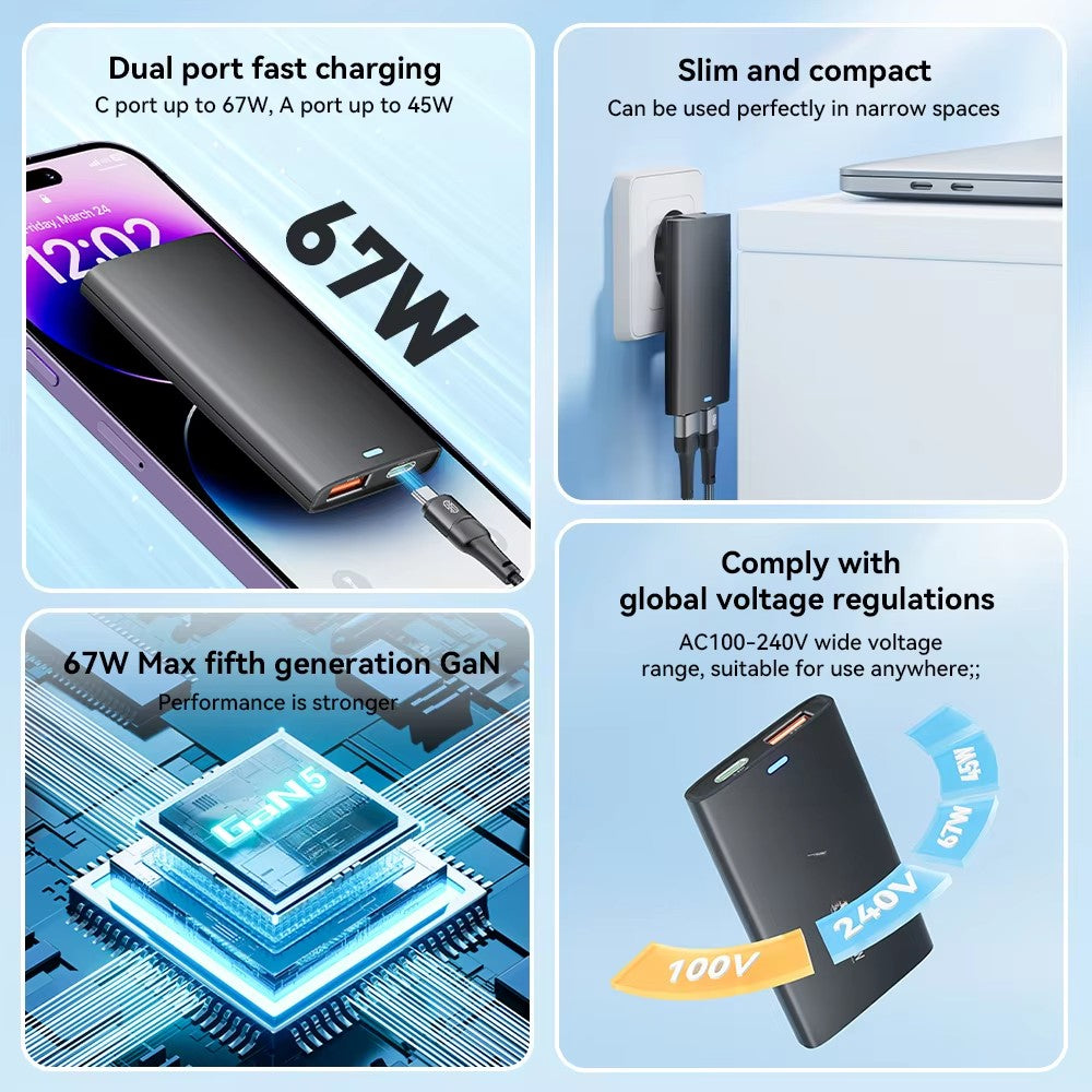 67W GaN Charger /Ultra Thin Quick Charge/ QC3.0 PD PPS Foldable USB Type C Fast Charger For iphone 16