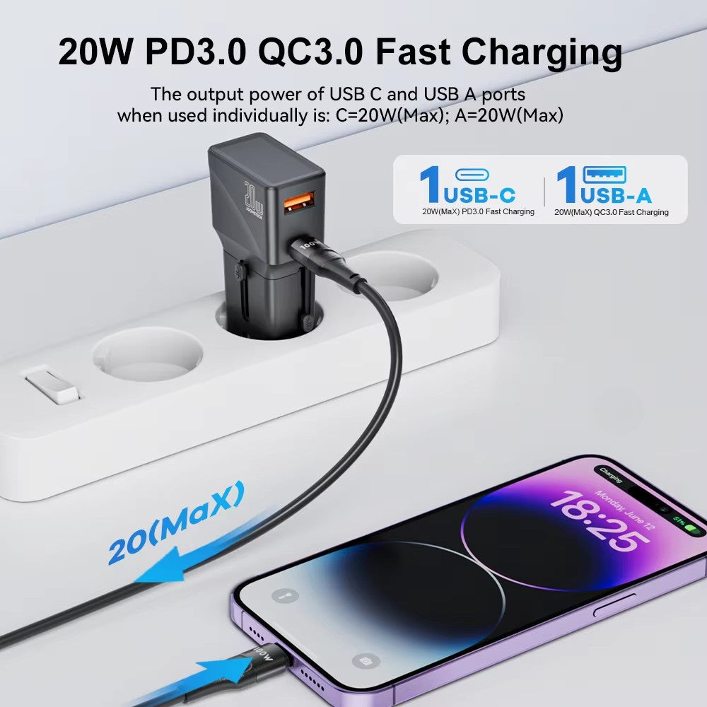 20W GaN Charger for IPhone 14 13 12 Pro Max /QC 3.0 PD 3.0 Multi Plug /USB Type C Quick Charging for IPad Air Xiaomi