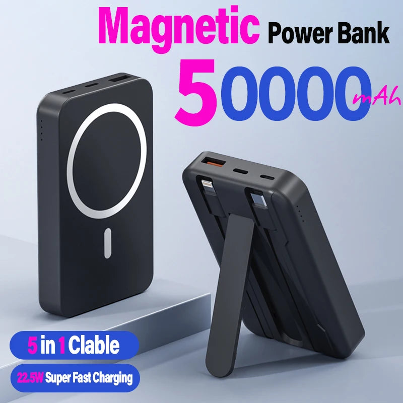 New built-in cable bracket magnetic suction wireless power bank 50000mAh